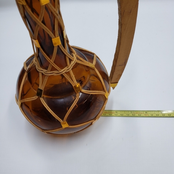 Vintage Carafe Bottle Hand Made Brown Amber  Glass Wicker Boho - Picture 14 of 16